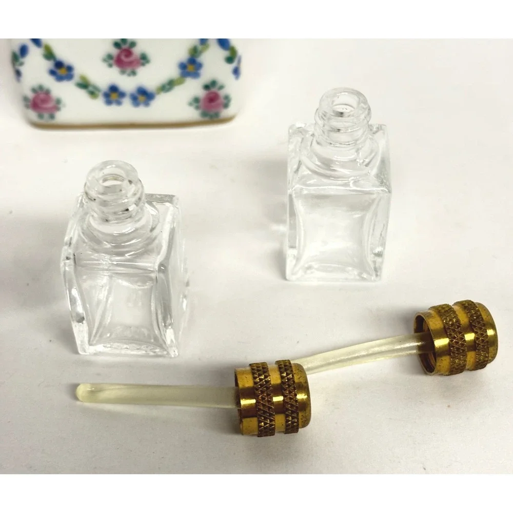 Vintage Limoges Trinket Box Two Glass Bottles Hand Painted Floral Porcelain
